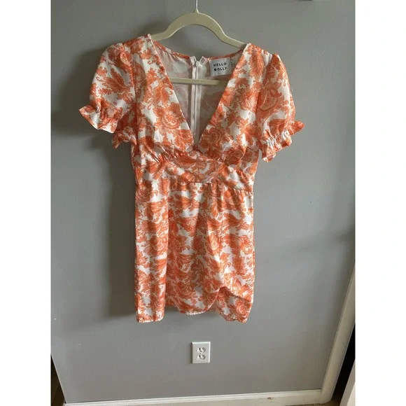 Hello Molly Orange White Floral Mini Dress V-Neck Puff Sleeve Tie Detail Size 4 - Picture 2 of 3